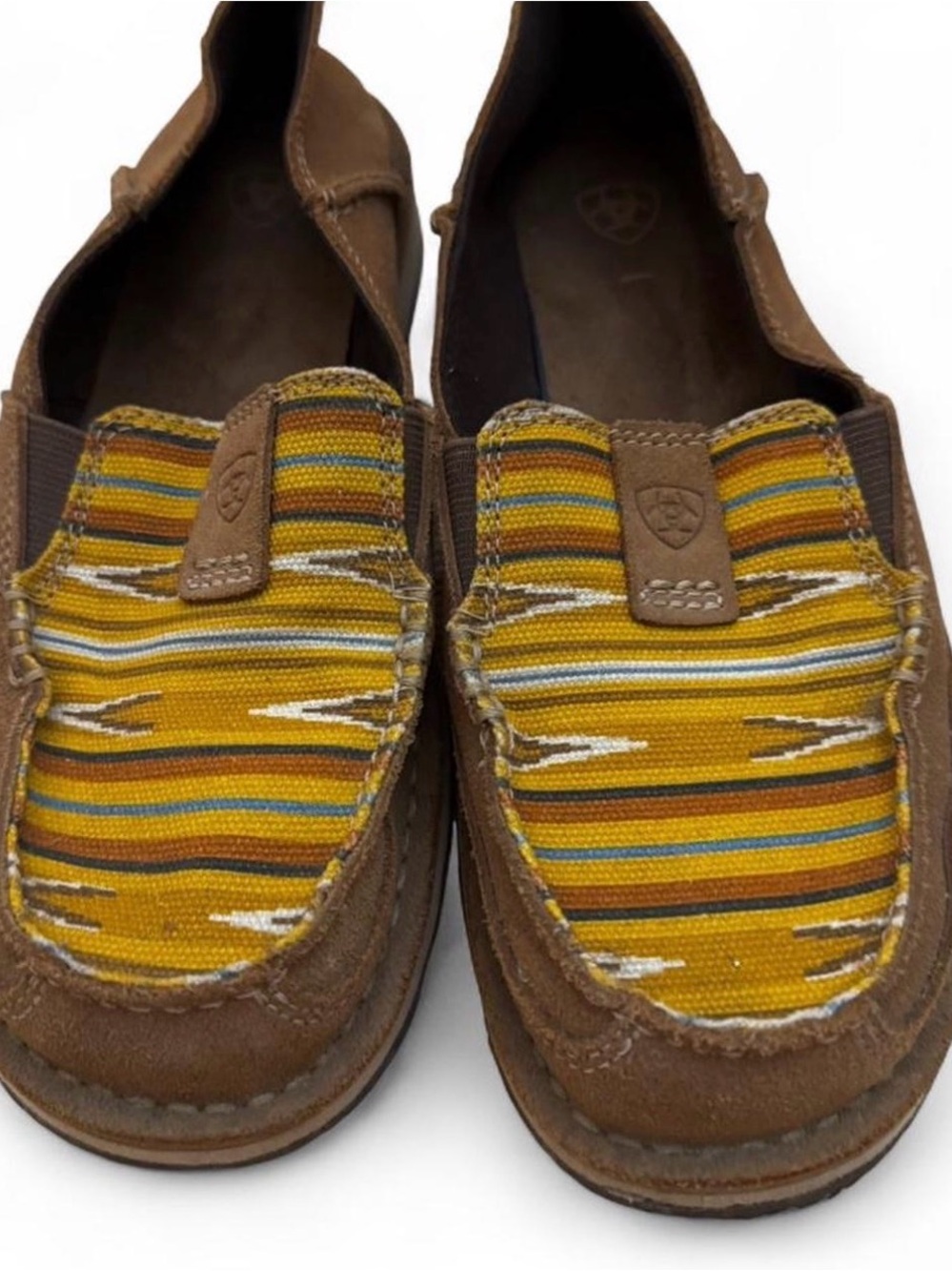 Ariat Brown Suede Loafers with Yellow Striped Textile Vamp